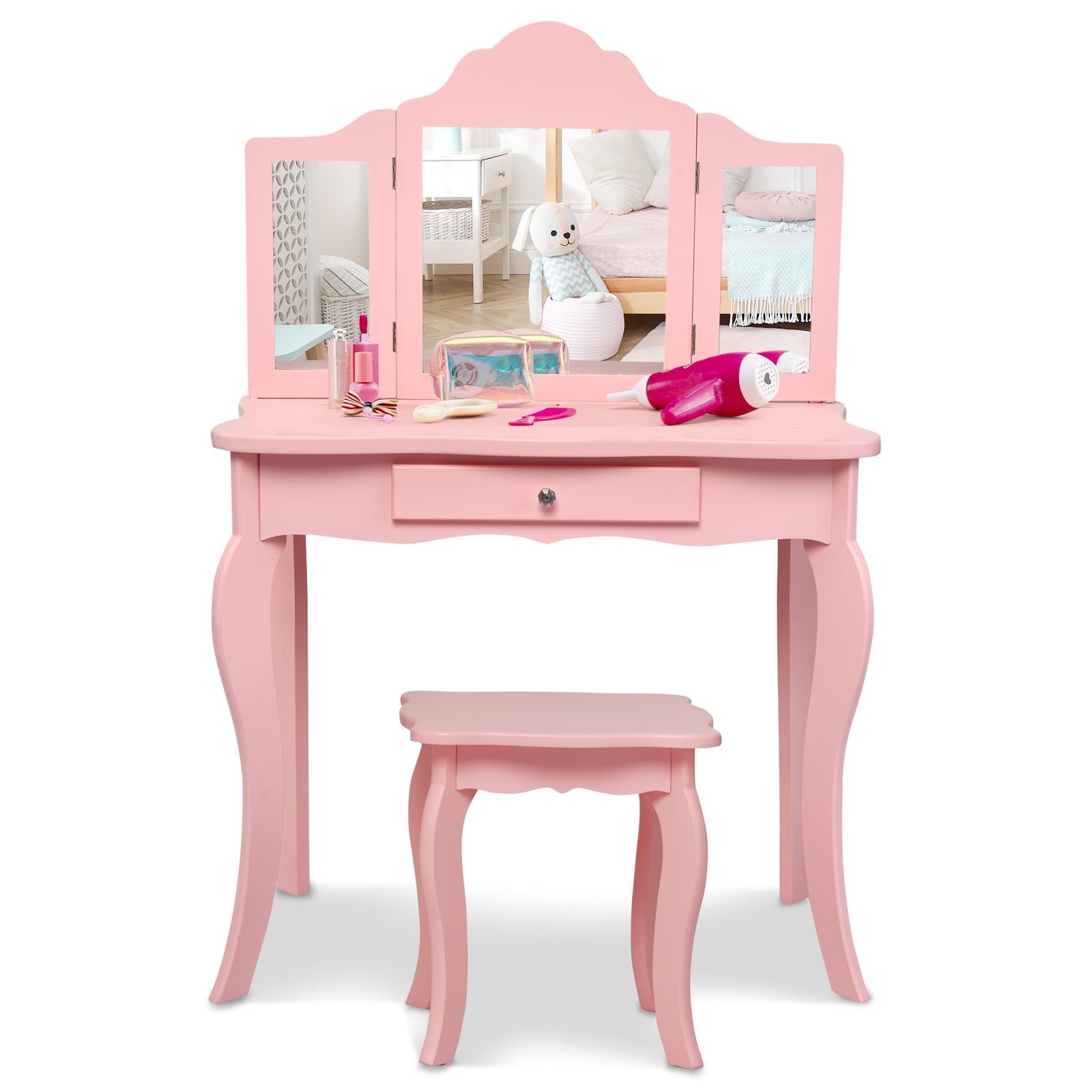 Kids Makeup Dressing Mirror Vanity Table Stool Set, Pink Kids Vanities   at Gallery Canada