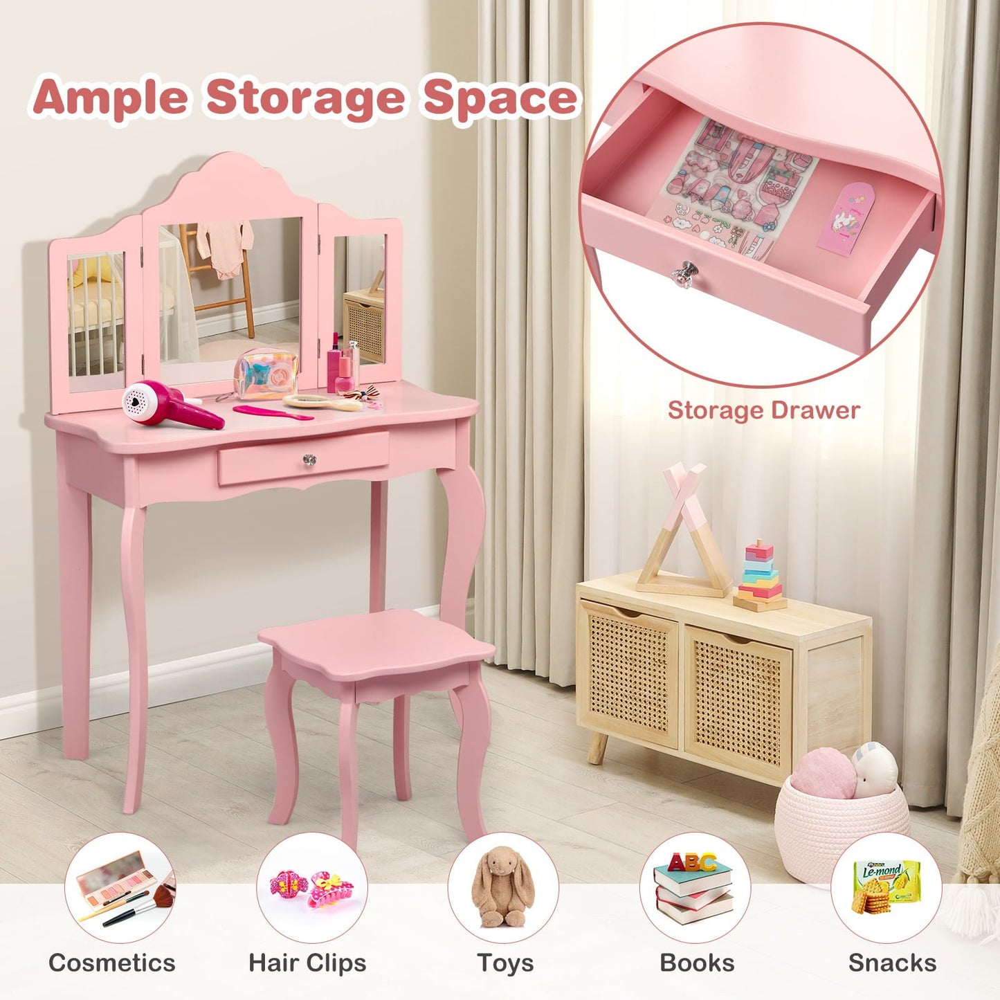 Kids Makeup Dressing Mirror Vanity Table Stool Set, Pink Kids Vanities   at Gallery Canada