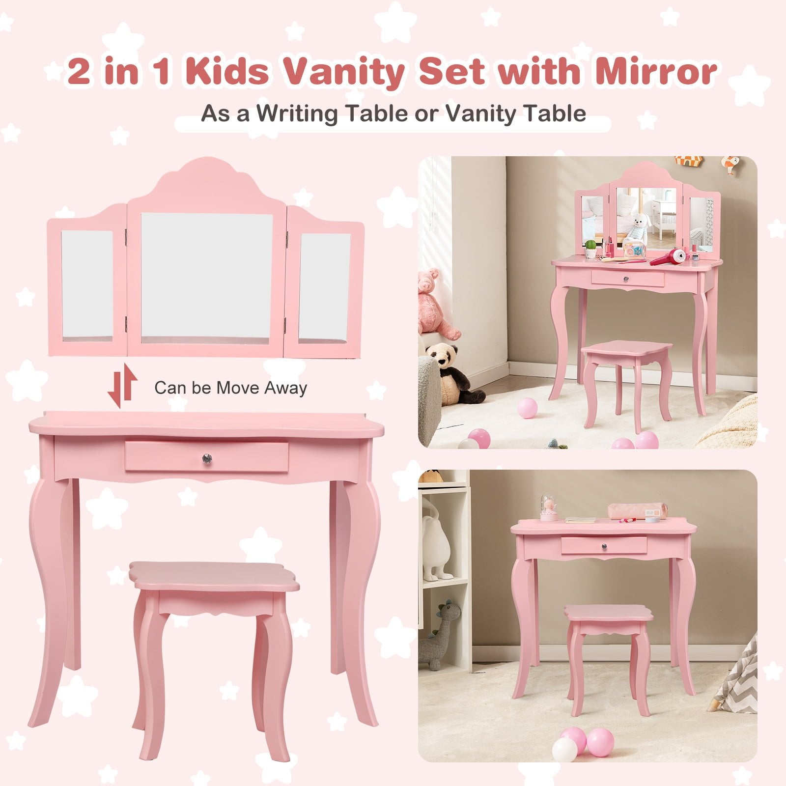 Kids Makeup Dressing Mirror Vanity Table Stool Set, Pink Kids Vanities   at Gallery Canada