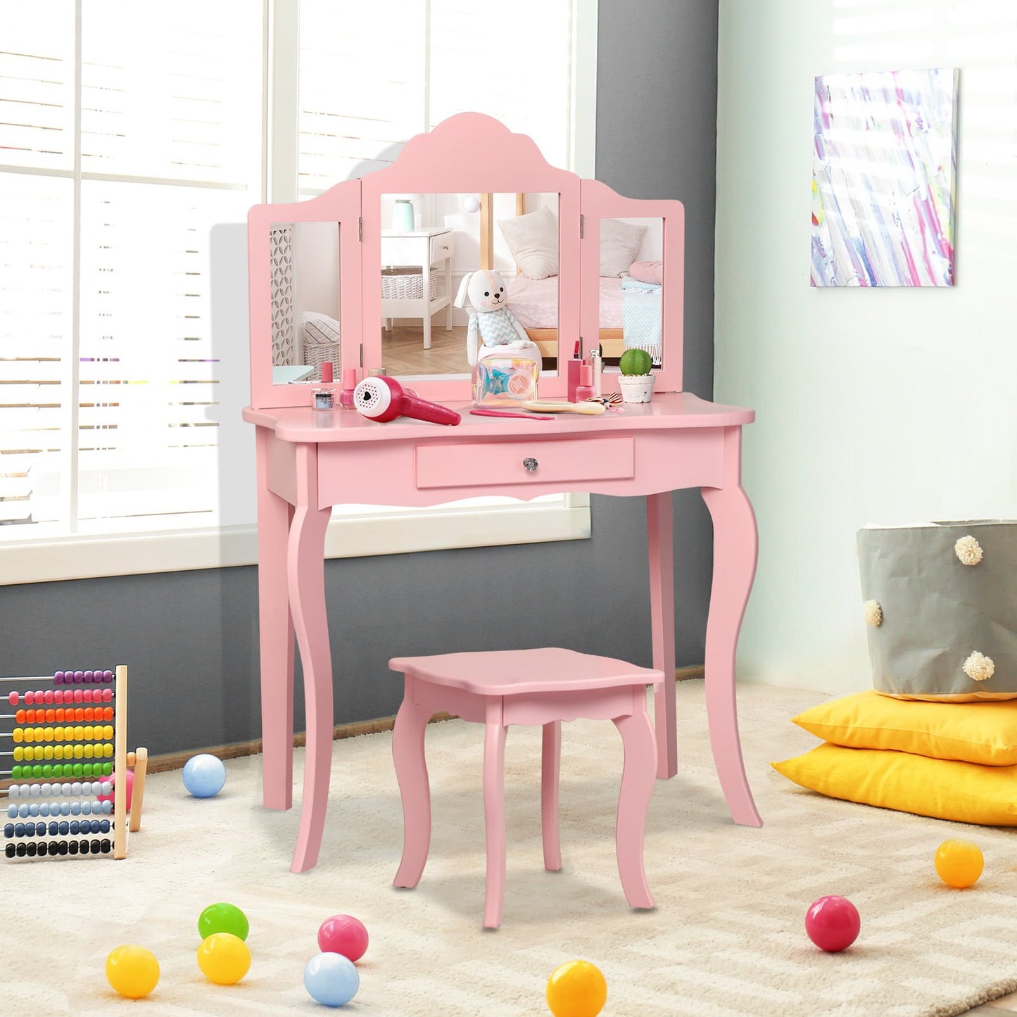 Kids Makeup Dressing Mirror Vanity Table Stool Set, Pink Kids Vanities   at Gallery Canada