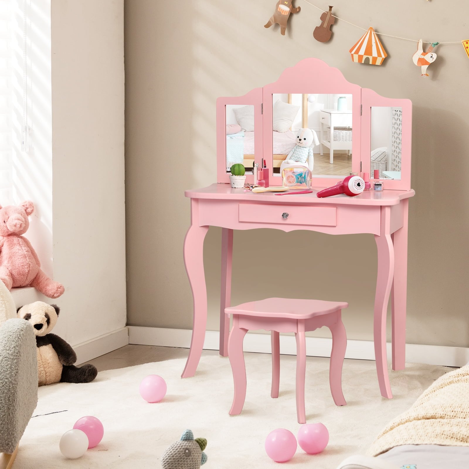 Kids Makeup Dressing Mirror Vanity Table Stool Set, Pink Kids Vanities   at Gallery Canada