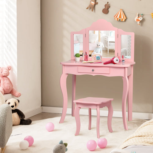 Kids Makeup Dressing Mirror Vanity Table Stool Set, Pink