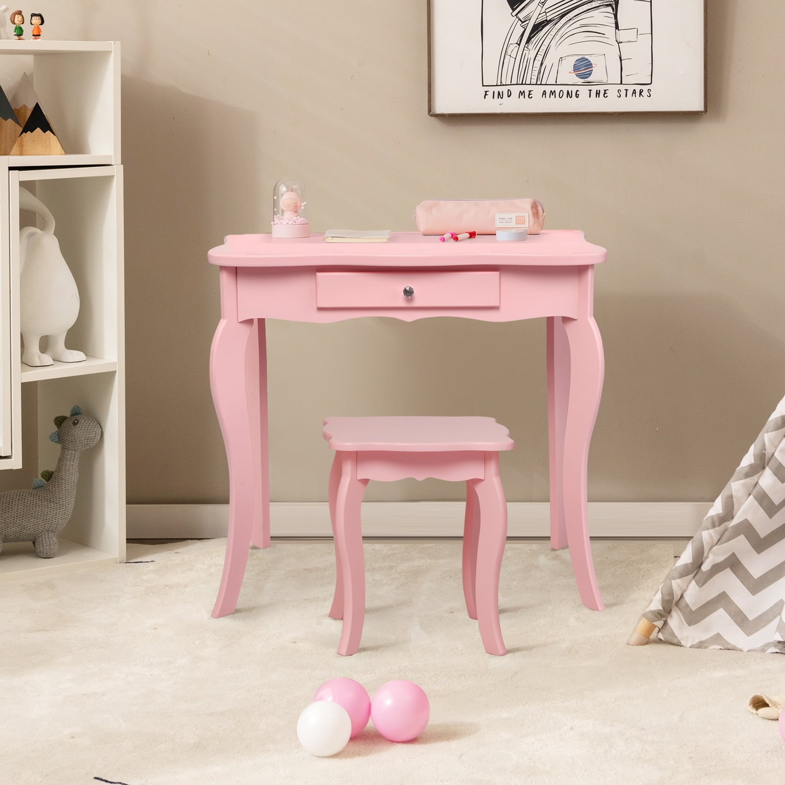 Kids Makeup Dressing Mirror Vanity Table Stool Set, Pink Kids Vanities   at Gallery Canada