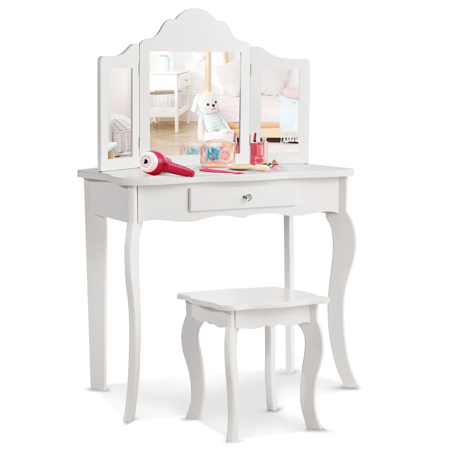 Mini Makeup Dressing Mirror Vanity Table Stool Set, White Kids Vanities   at Gallery Canada