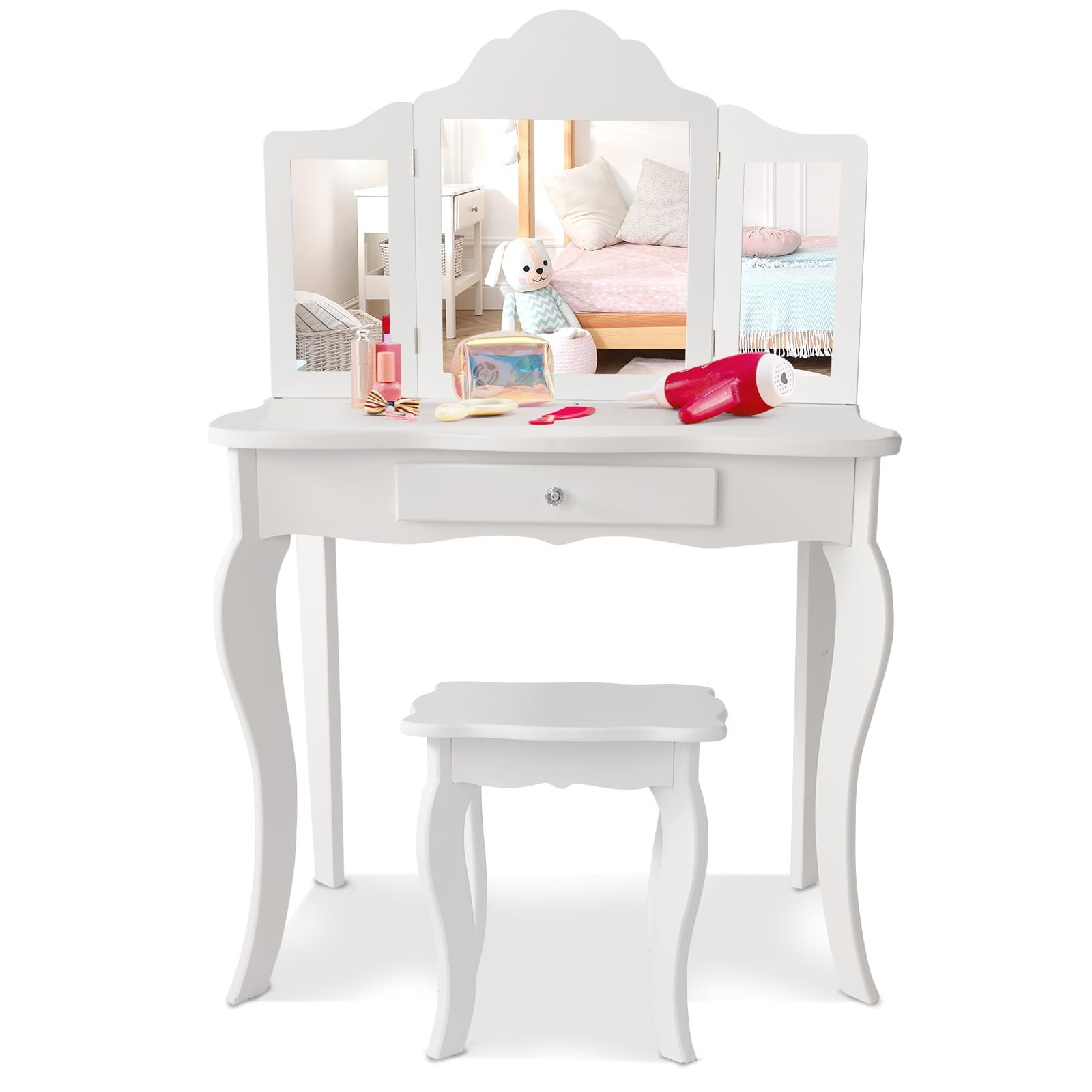 Mini Makeup Dressing Mirror Vanity Table Stool Set, White Kids Vanities   at Gallery Canada