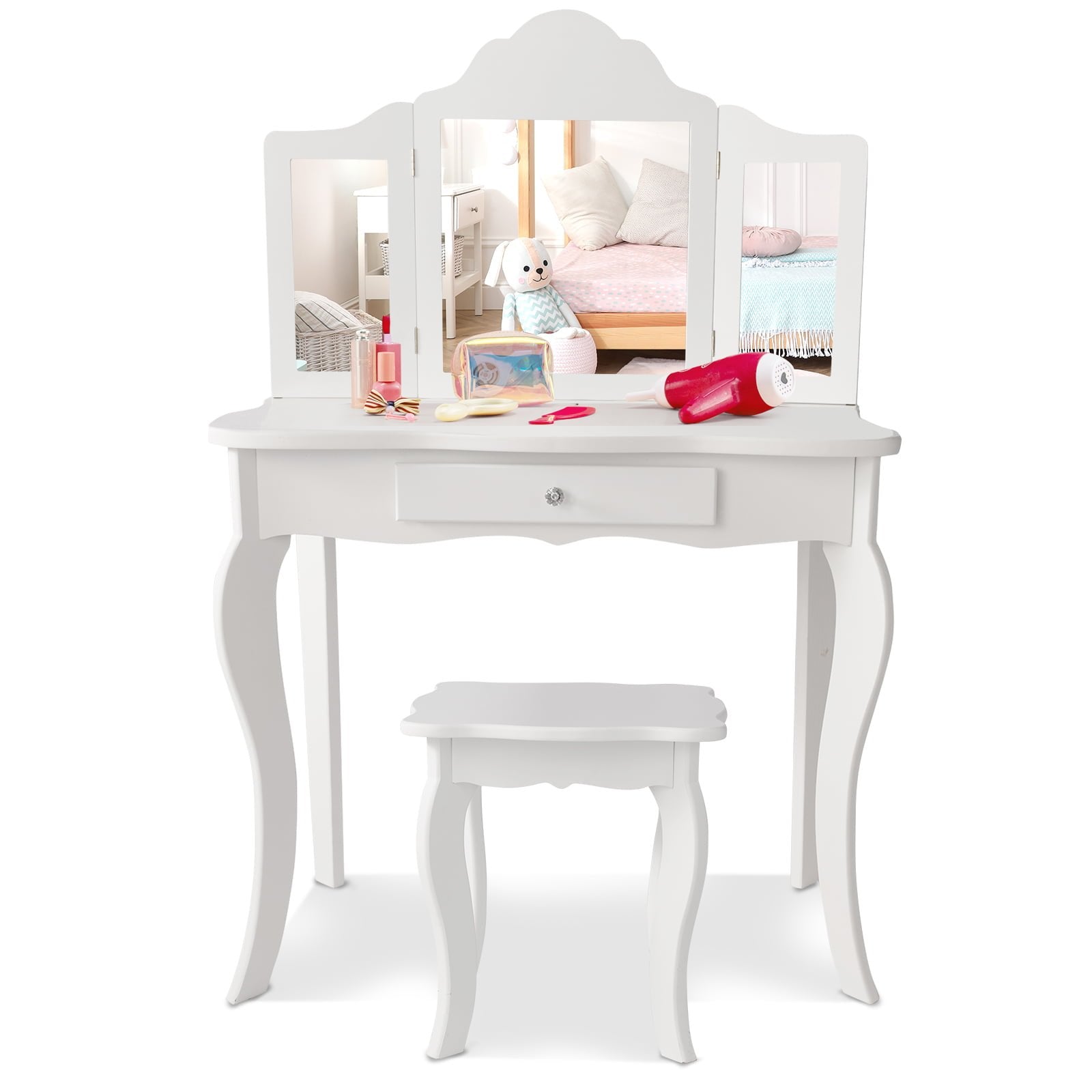 Mini Makeup Dressing Mirror Vanity Table Stool Set, White - Gallery Canada
