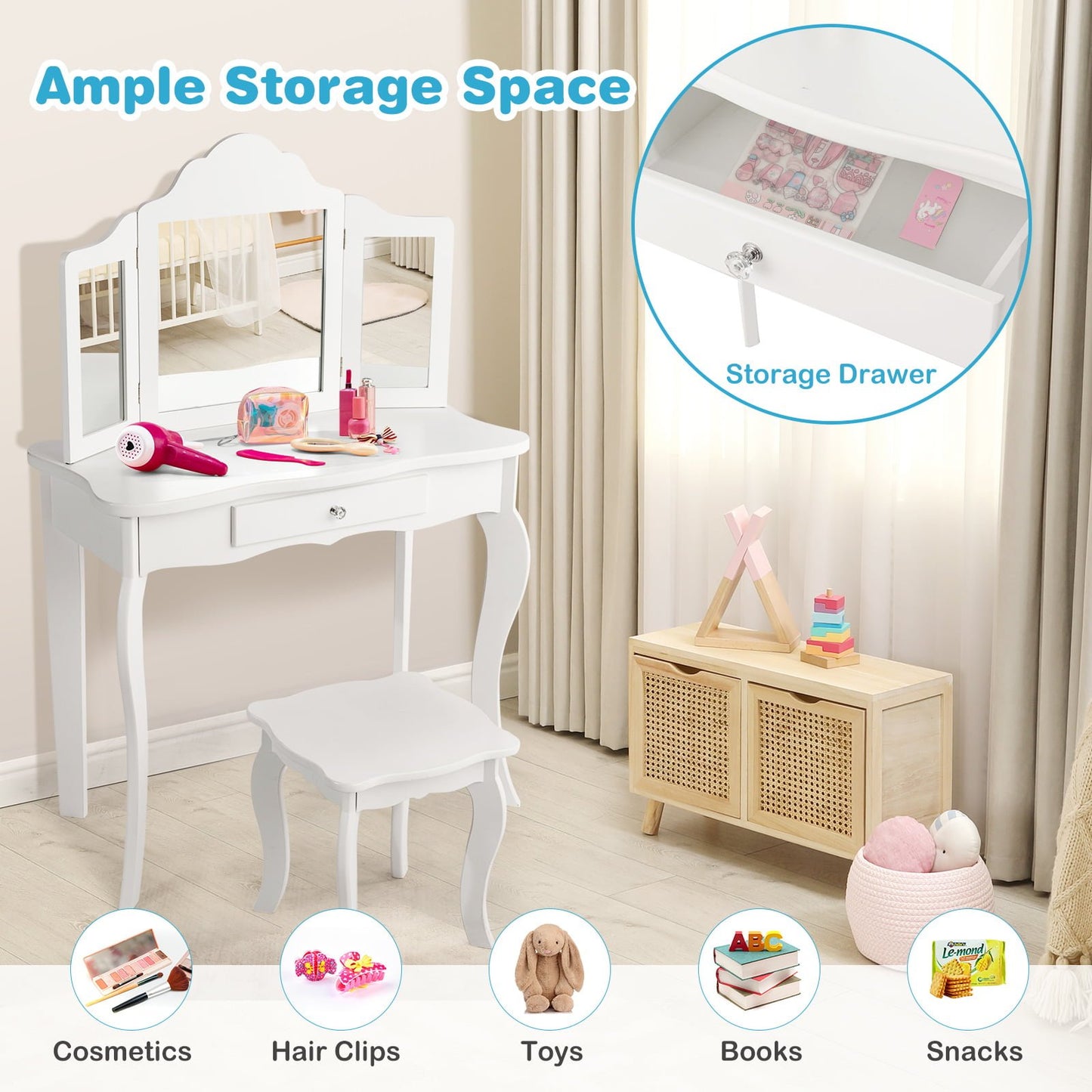 Mini Makeup Dressing Mirror Vanity Table Stool Set, White Kids Vanities   at Gallery Canada