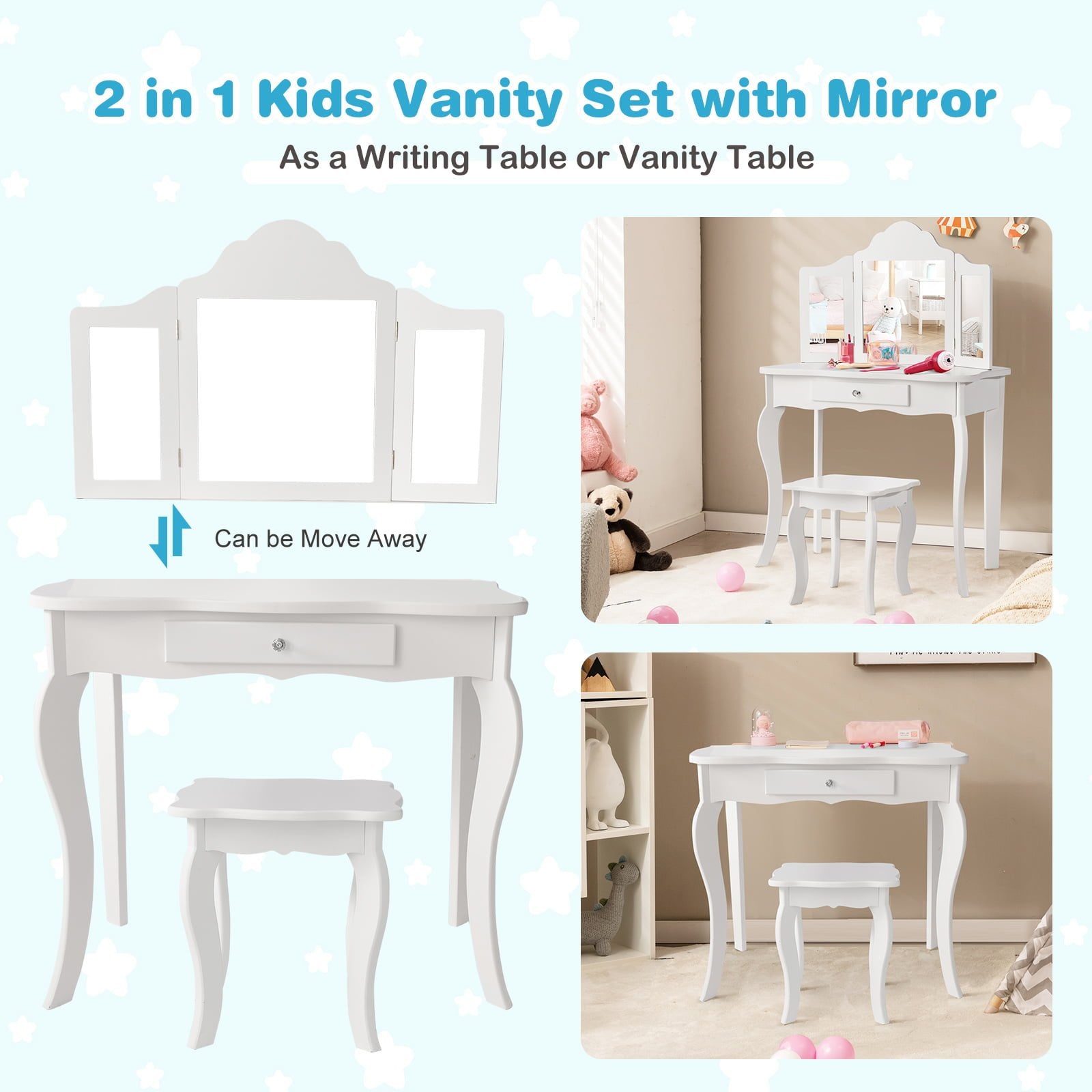 Mini Makeup Dressing Mirror Vanity Table Stool Set, White Kids Vanities   at Gallery Canada