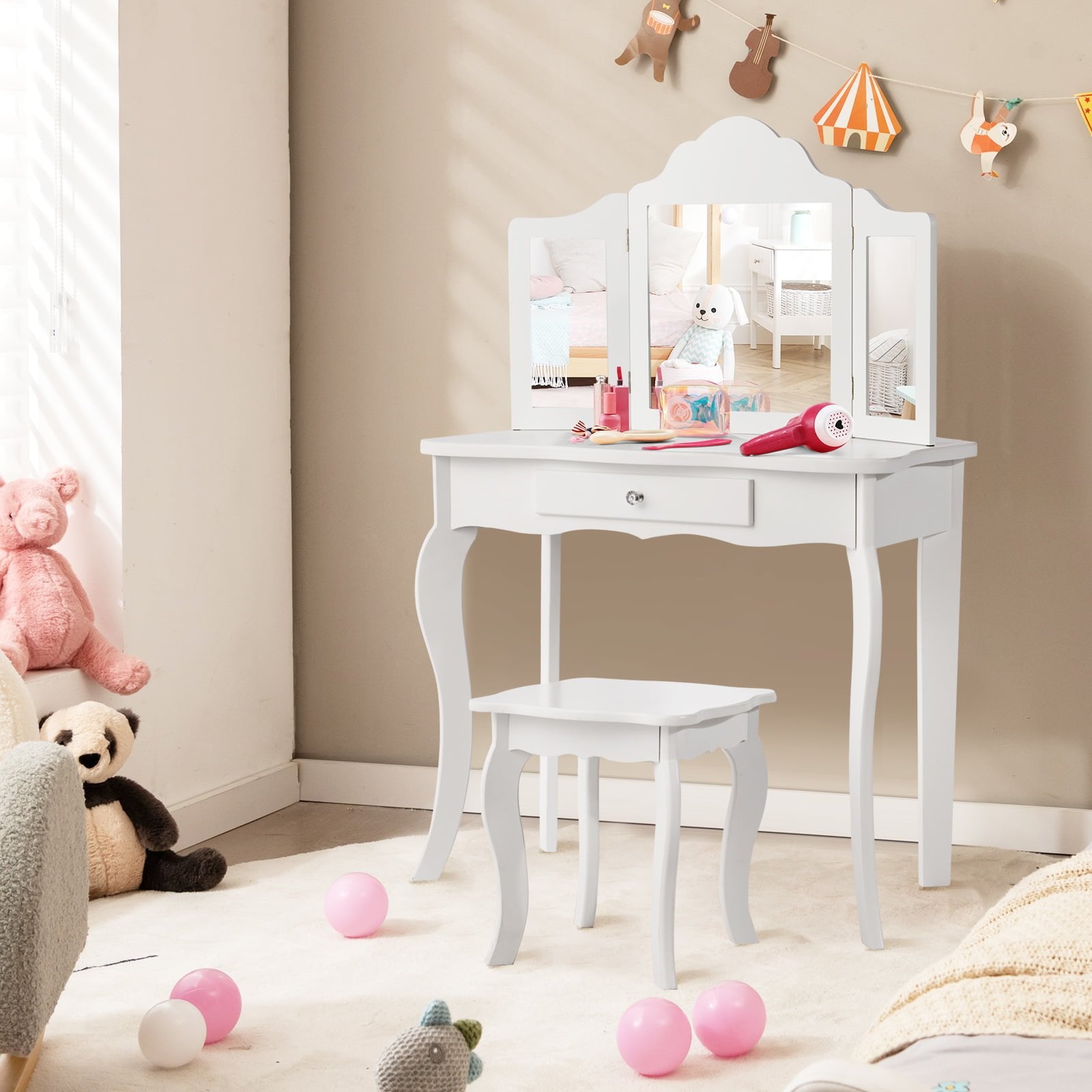 Mini Makeup Dressing Mirror Vanity Table Stool Set, White Kids Vanities   at Gallery Canada