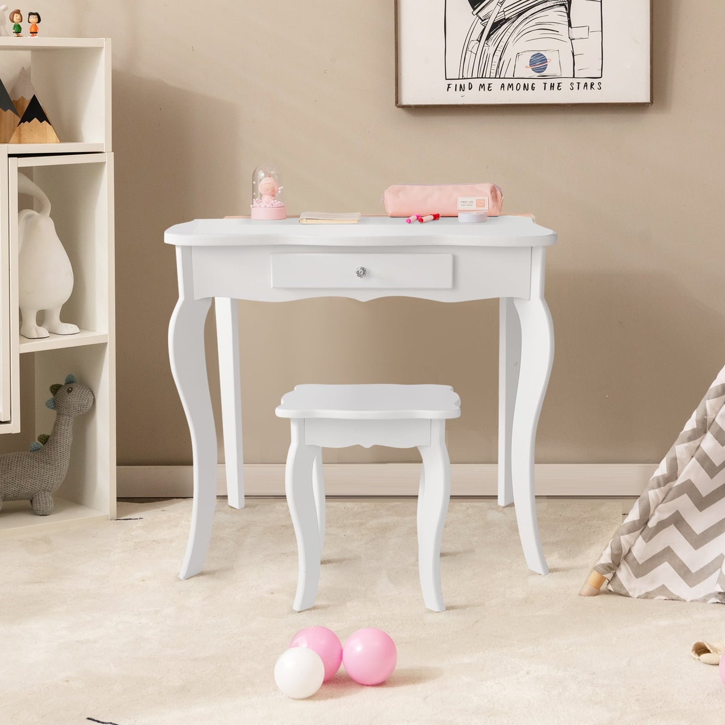 Mini Makeup Dressing Mirror Vanity Table Stool Set, White - Gallery Canada