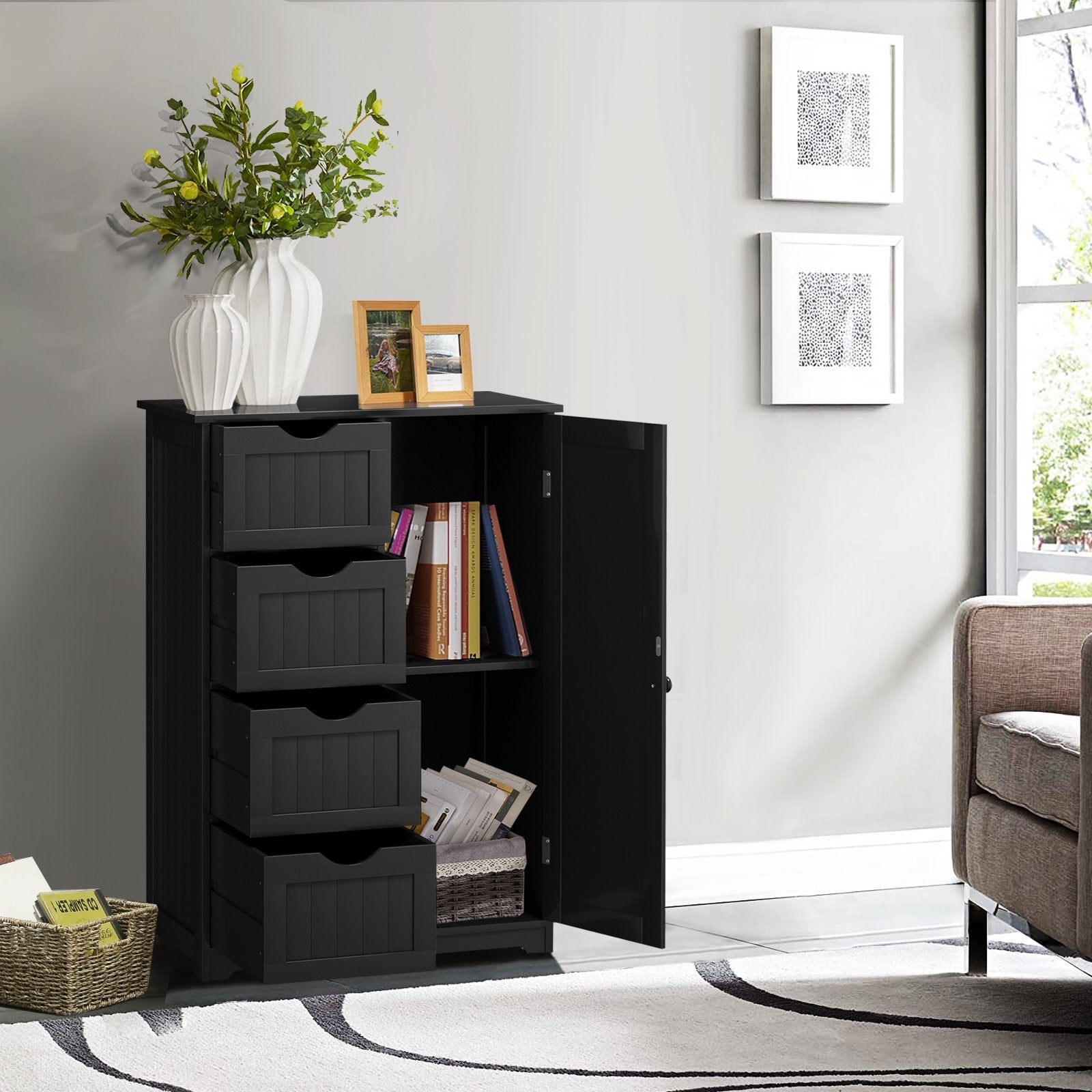 Standing Indoor Wooden Cabinet with 4 Drawers, Black Floor Cabinets   at Gallery Canada