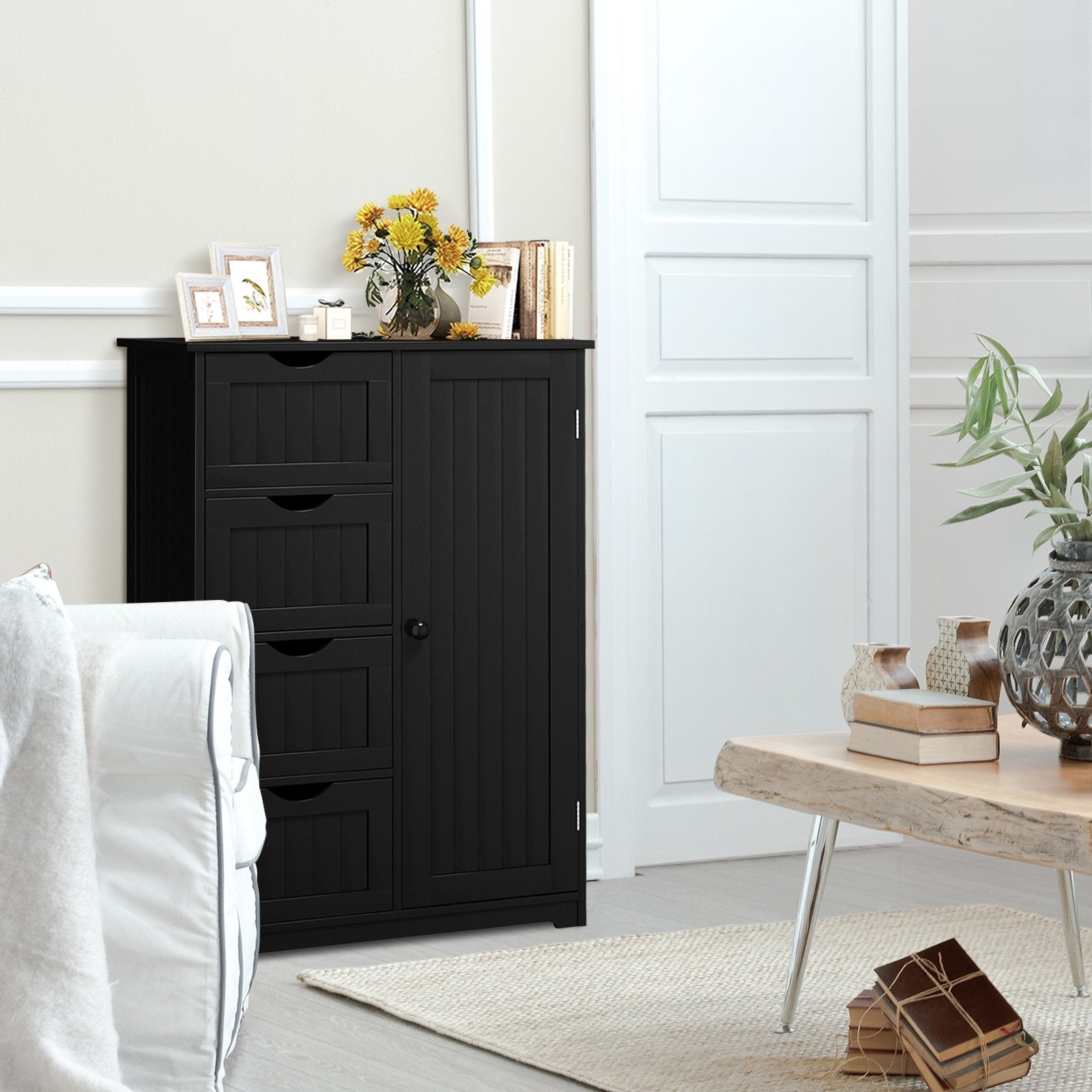 Standing Indoor Wooden Cabinet with 4 Drawers, Black Floor Cabinets   at Gallery Canada