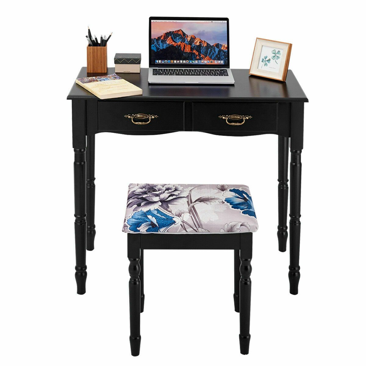 Simple Vanity Set with Tri-Folding Mirror Drawers and Storage Shelf, Black Makeup Vanities   at Gallery Canada