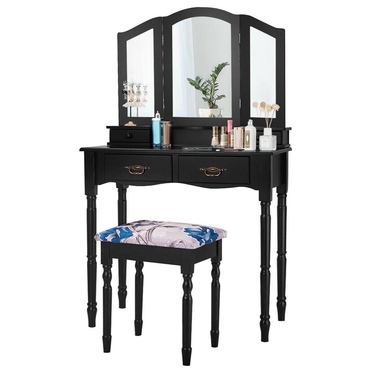 Simple Vanity Set with Tri-Folding Mirror Drawers and Storage Shelf, Black Makeup Vanities   at Gallery Canada