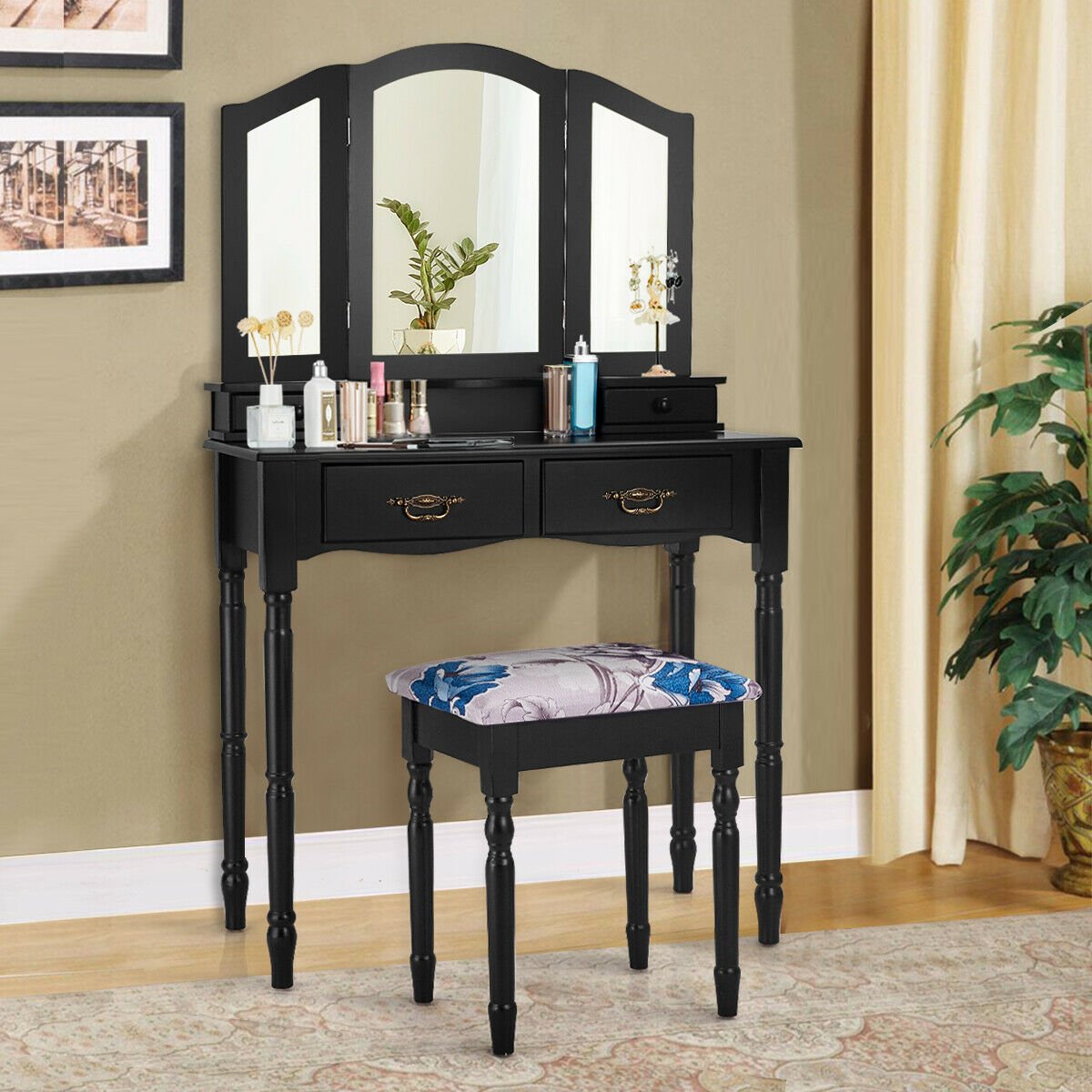 Simple Vanity Set with Tri-Folding Mirror Drawers and Storage Shelf, Black Makeup Vanities   at Gallery Canada