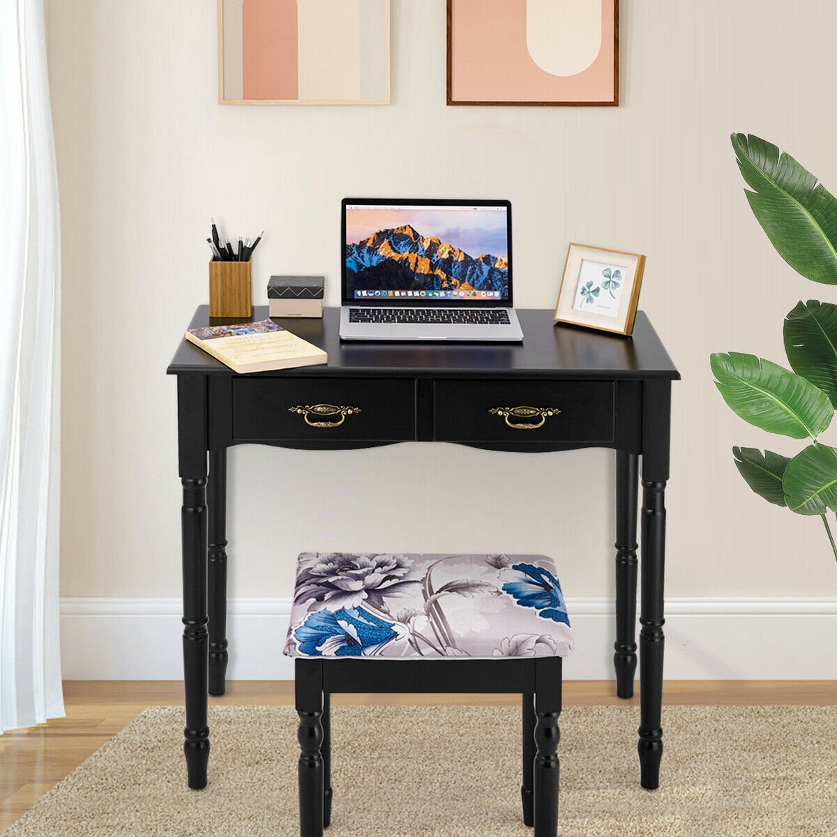 Simple Vanity Set with Tri-Folding Mirror Drawers and Storage Shelf, Black Makeup Vanities   at Gallery Canada