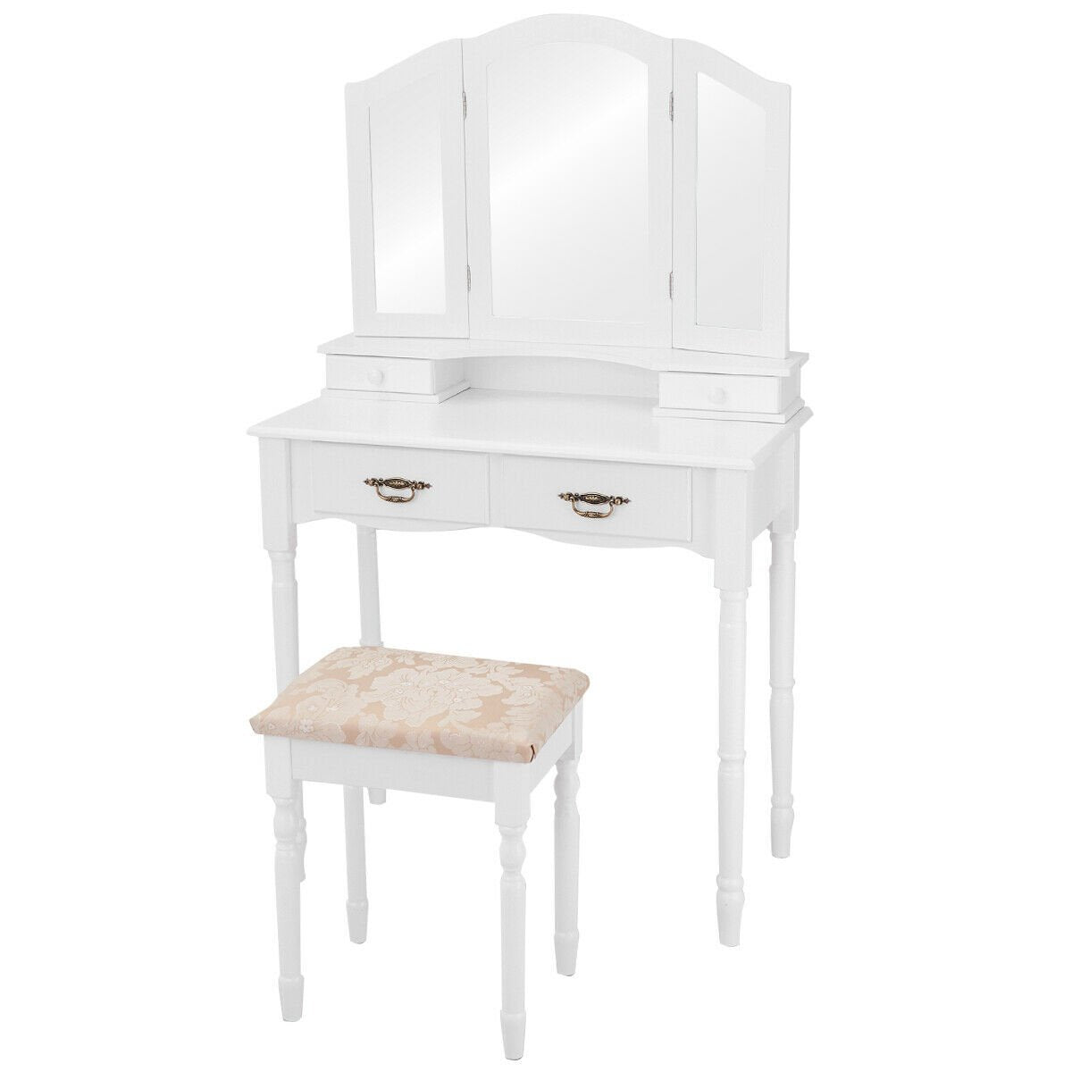 Simple Vanity Set with Tri-Folding Mirror Drawers and Storage Shelf, White - Gallery Canada