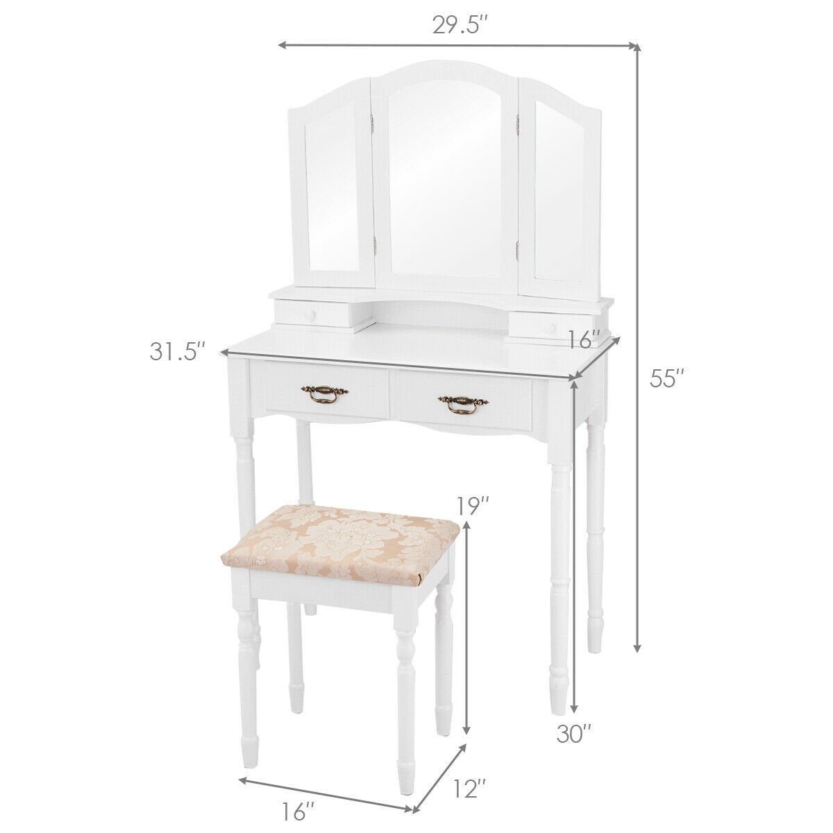 Simple Vanity Set with Tri-Folding Mirror Drawers and Storage Shelf, White Makeup Vanities   at Gallery Canada