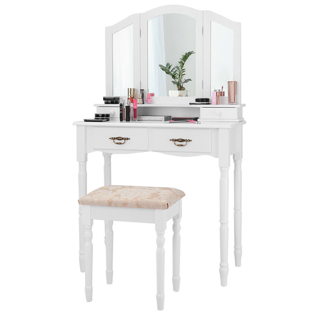 Simple Vanity Set with Tri-Folding Mirror Drawers and Storage Shelf, White Makeup Vanities   at Gallery Canada