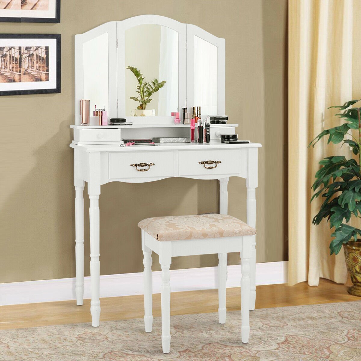 Simple Vanity Set with Tri-Folding Mirror Drawers and Storage Shelf, White Makeup Vanities   at Gallery Canada