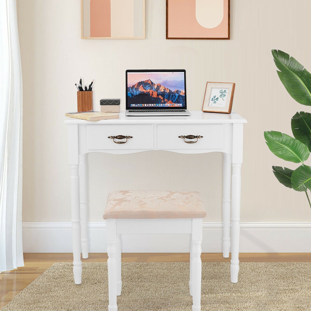 Simple Vanity Set with Tri-Folding Mirror Drawers and Storage Shelf, White Makeup Vanities   at Gallery Canada