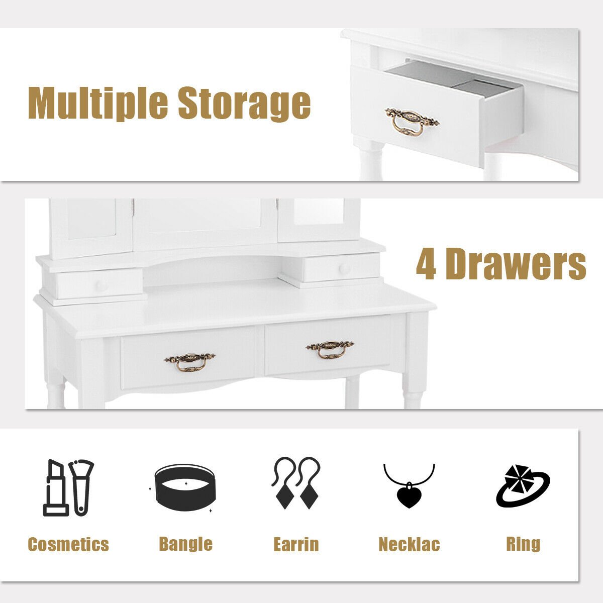 Simple Vanity Set with Tri-Folding Mirror Drawers and Storage Shelf, White - Gallery Canada