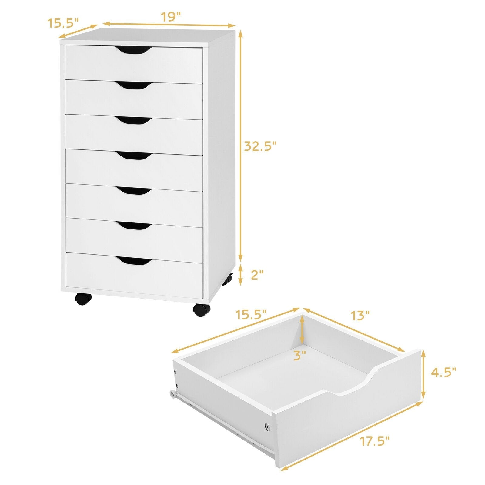 7-Drawer Chest Storage Dresser Floor Cabinet Organizer with Wheels, White - Gallery Canada
