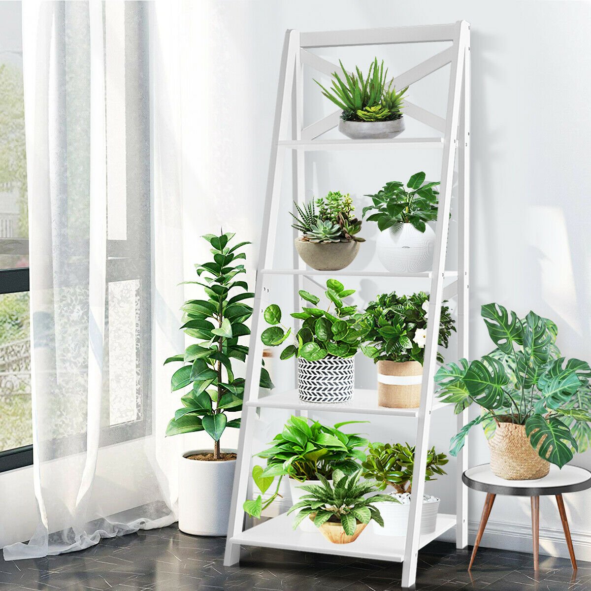 4-tier Leaning Free Standing Ladder Shelf Bookcase, White Bookcases   at Gallery Canada