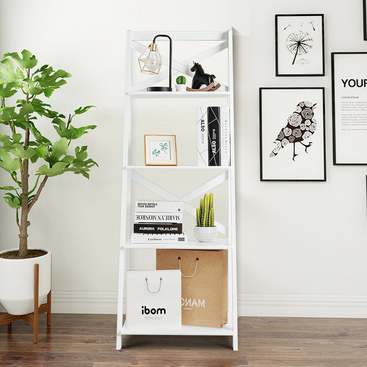 4-tier Leaning Free Standing Ladder Shelf Bookcase, White Bookcases   at Gallery Canada