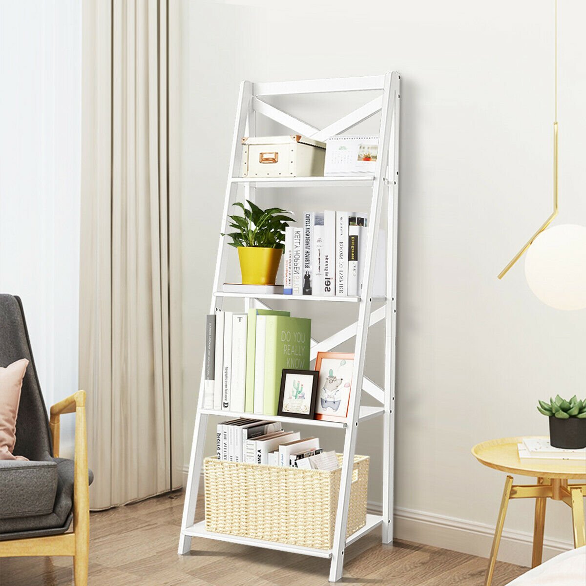 4-tier Leaning Free Standing Ladder Shelf Bookcase, White Bookcases   at Gallery Canada