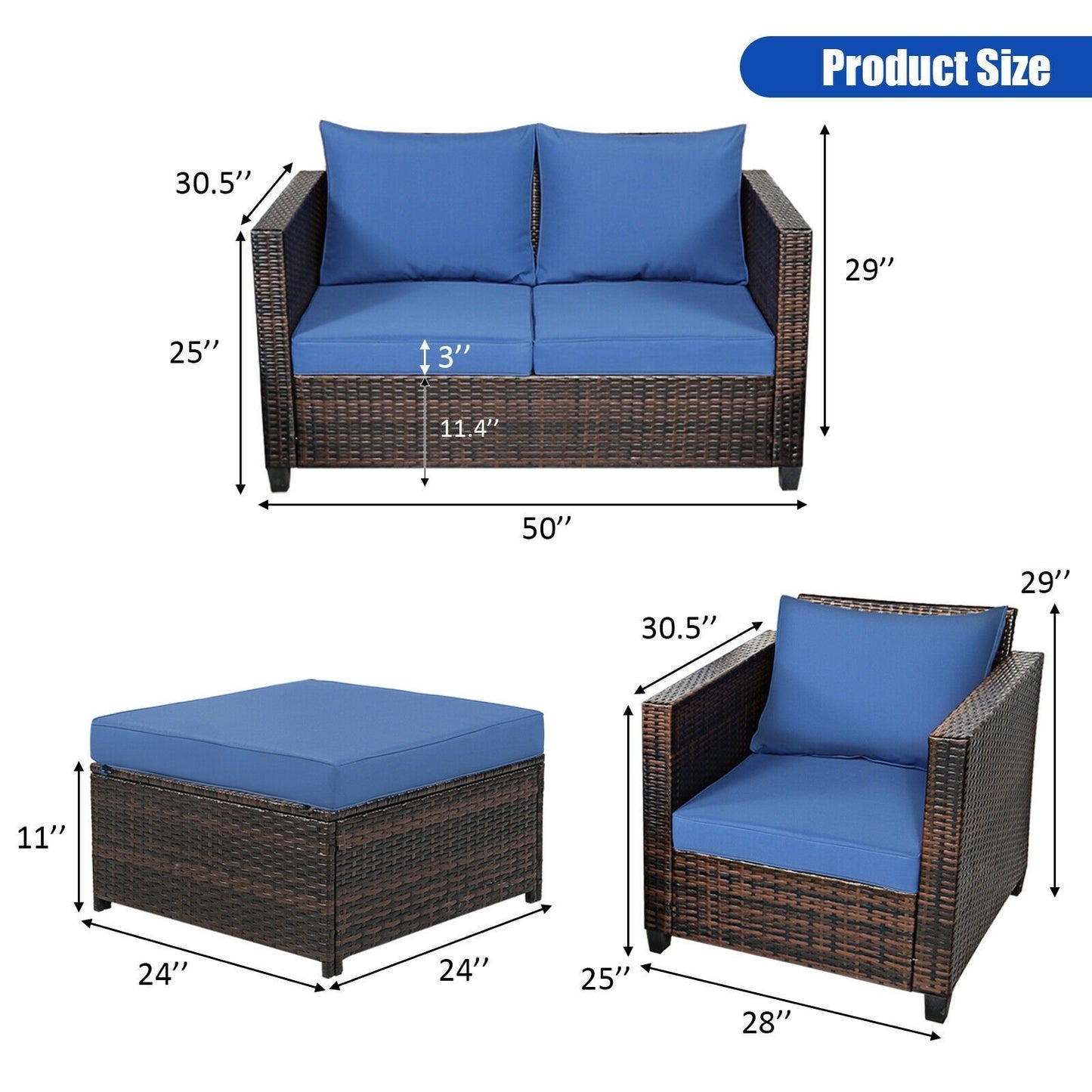 5 Pieces Patio Cushioned Rattan Furniture Set, Navy Outdoor Sectionals   at Gallery Canada