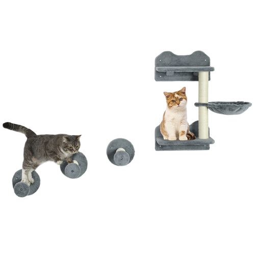 4Pcs Cat Wall Shelf with Scratching Posts, Hammock, Steps, Platforms, Cat Shelves for Relaxing, Sleeping, Jumping, Cat Wall Climber for Indoor Cats, Grey