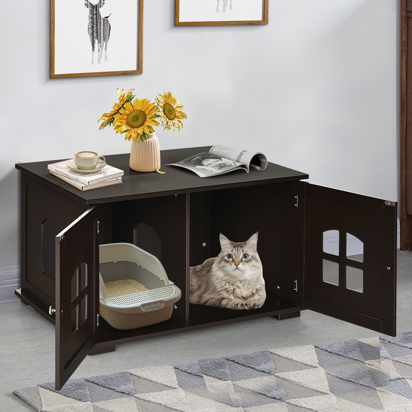 Large Wooden Cat Litter Box Enclosure Hidden Cat Washroom with Divider, Coffee Cat Houses   at Gallery Canada