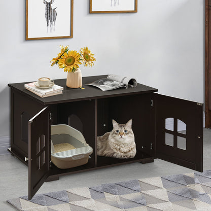 Large Wooden Cat Litter Box Enclosure Hidden Cat Washroom with Divider, Coffee - Gallery Canada