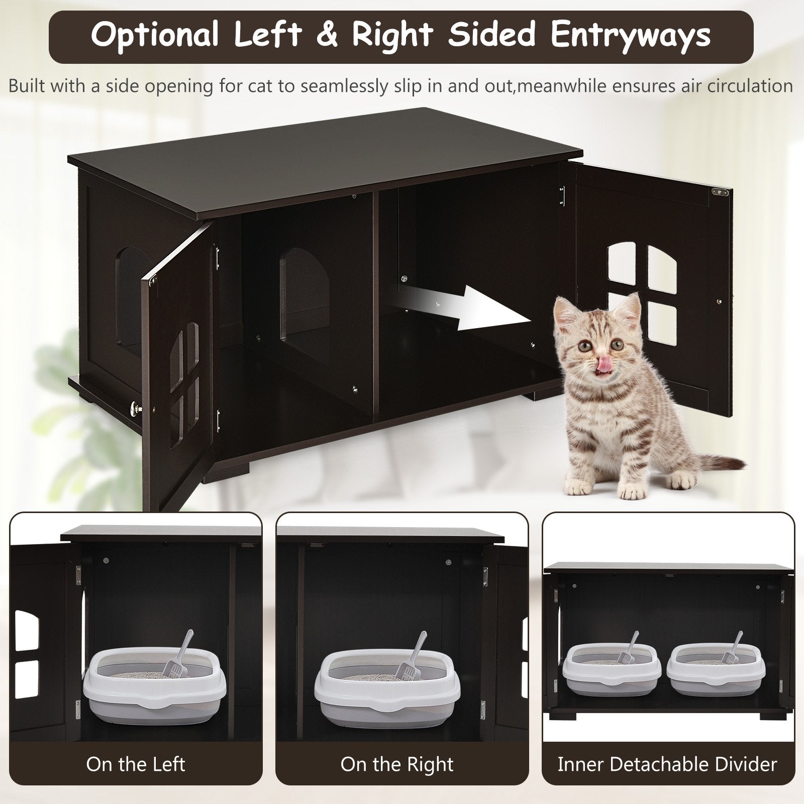 Large Wooden Cat Litter Box Enclosure Hidden Cat Washroom with Divider, Coffee Cat Houses   at Gallery Canada