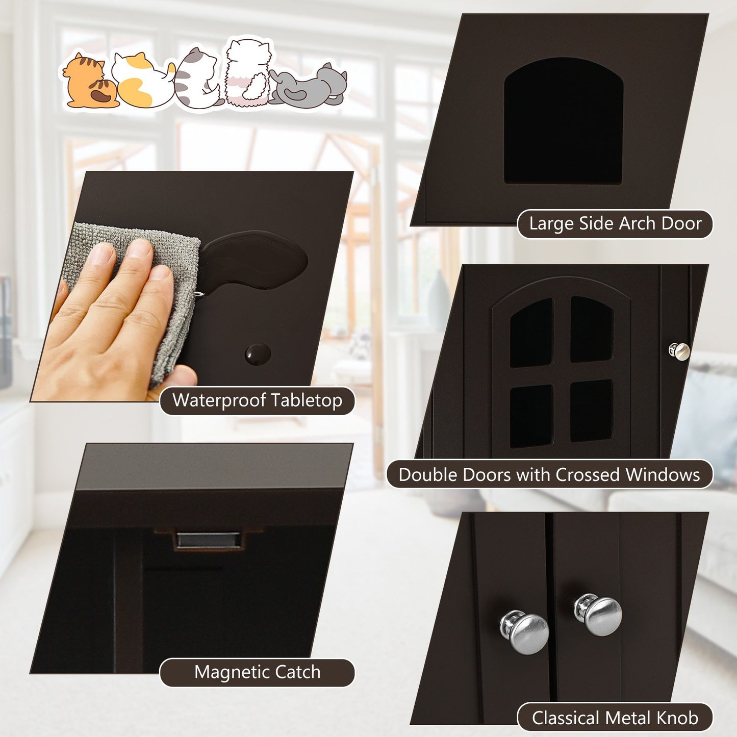 Large Wooden Cat Litter Box Enclosure Hidden Cat Washroom with Divider, Coffee Cat Houses   at Gallery Canada