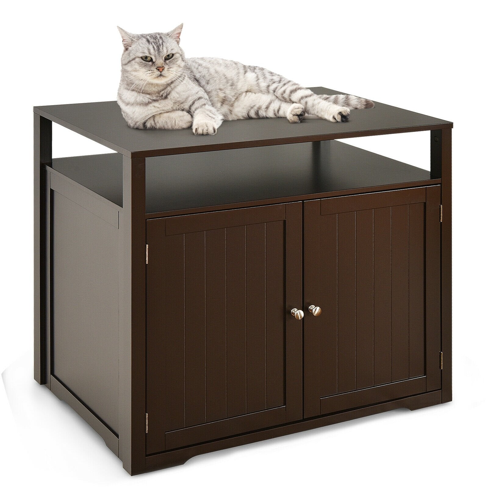 Wooden Cat Litter Box Enclosure Hidden Cat Washroom with Storage Layer, Brown Cat Houses   at Gallery Canada