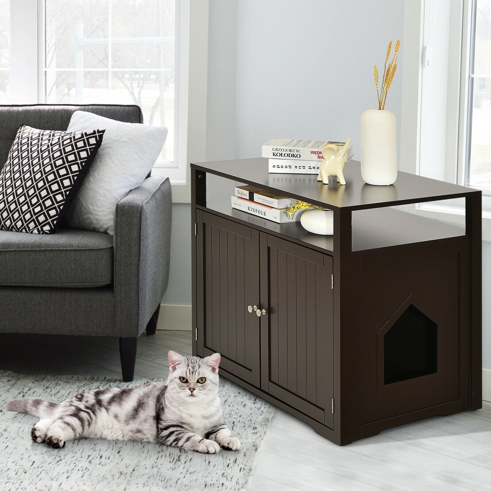 Wooden Cat Litter Box Enclosure Hidden Cat Washroom with Storage Layer, Brown Cat Houses   at Gallery Canada