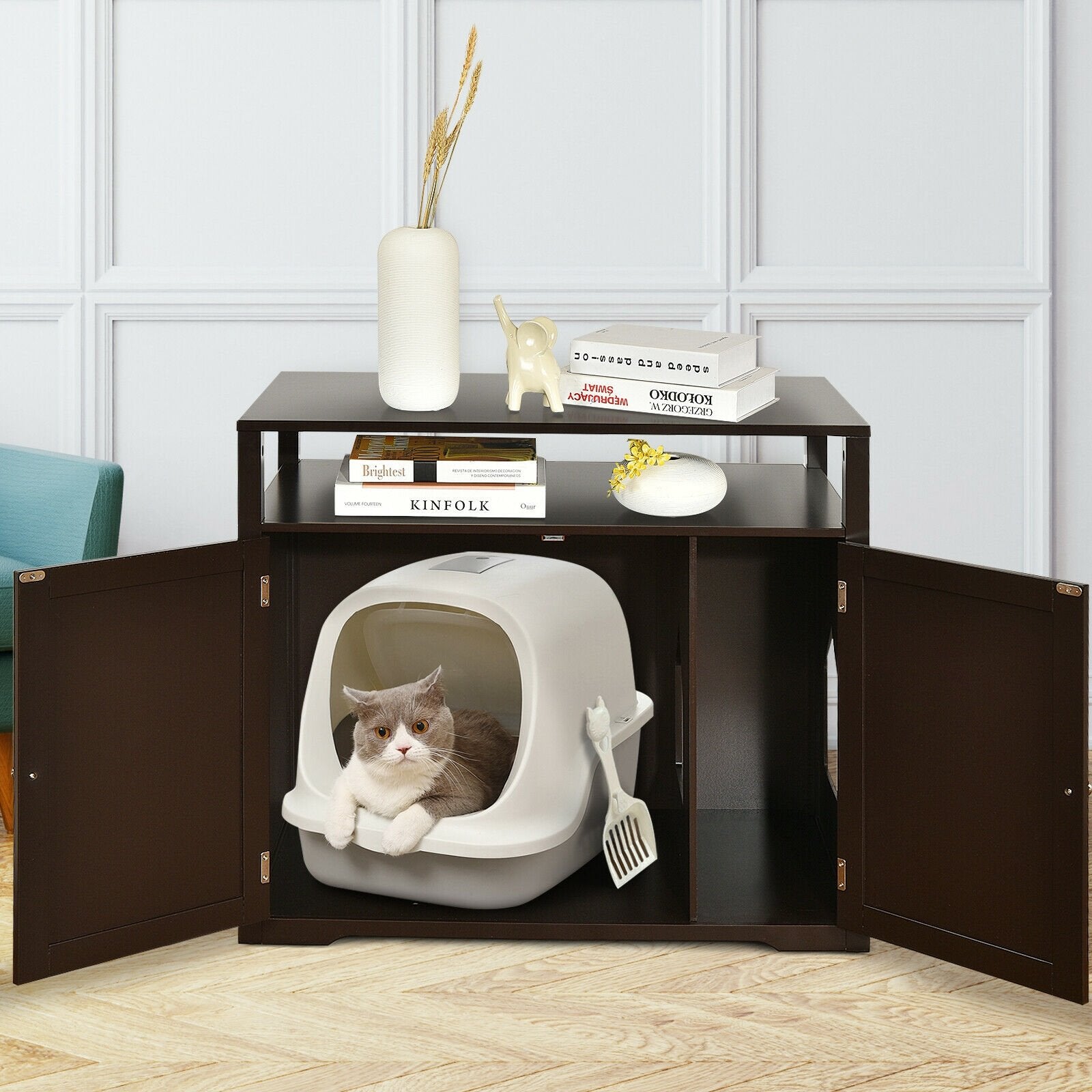 Wooden Cat Litter Box Enclosure Hidden Cat Washroom with Storage Layer, Brown Cat Houses   at Gallery Canada