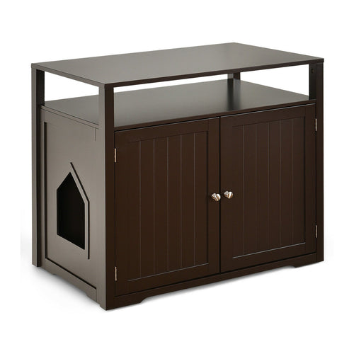 Wooden Cat Litter Box Enclosure Hidden Cat Washroom with Storage Layer, Brown