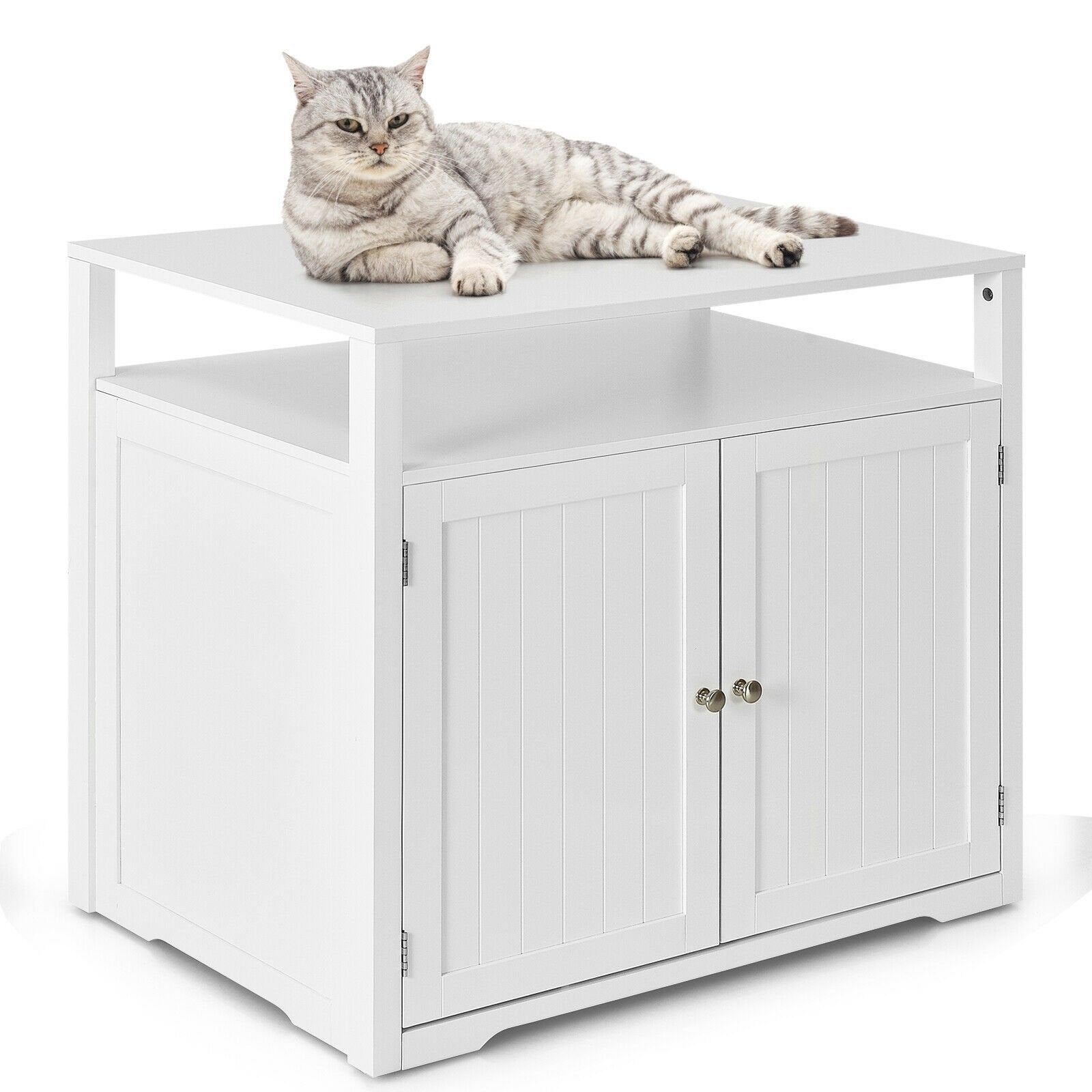 Wooden Cat Litter Box Enclosure Hidden Cat Washroom with Storage Layer, White - Gallery Canada