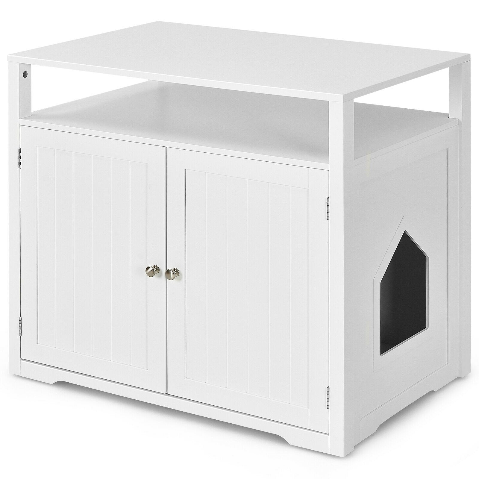 Wooden Cat Litter Box Enclosure Hidden Cat Washroom with Storage Layer, White Cat Houses   at Gallery Canada