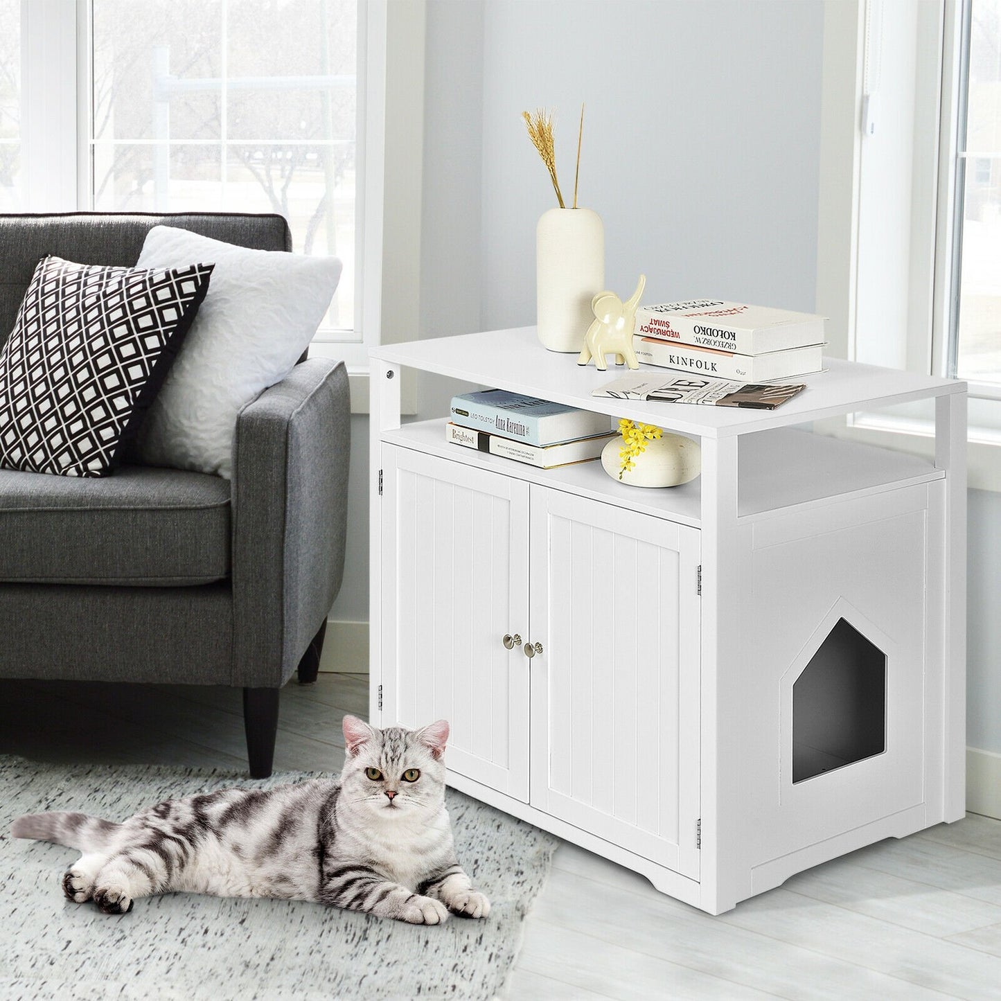 Wooden Cat Litter Box Enclosure Hidden Cat Washroom with Storage Layer, White Cat Houses   at Gallery Canada