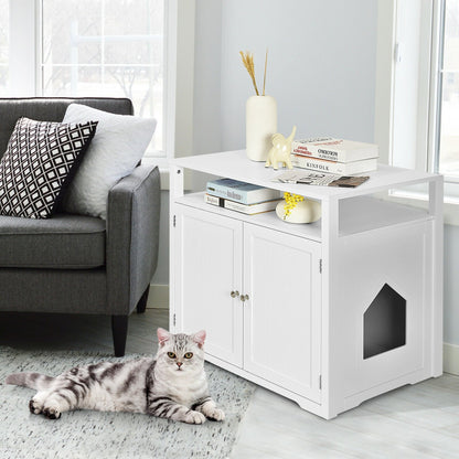 Wooden Cat Litter Box Enclosure Hidden Cat Washroom with Storage Layer, White - Gallery Canada