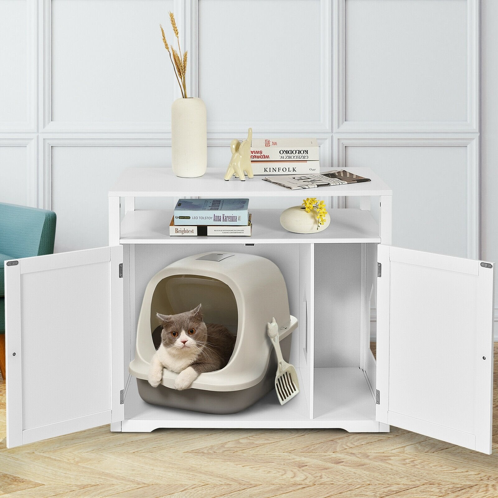 Wooden Cat Litter Box Enclosure Hidden Cat Washroom with Storage Layer, White - Gallery Canada