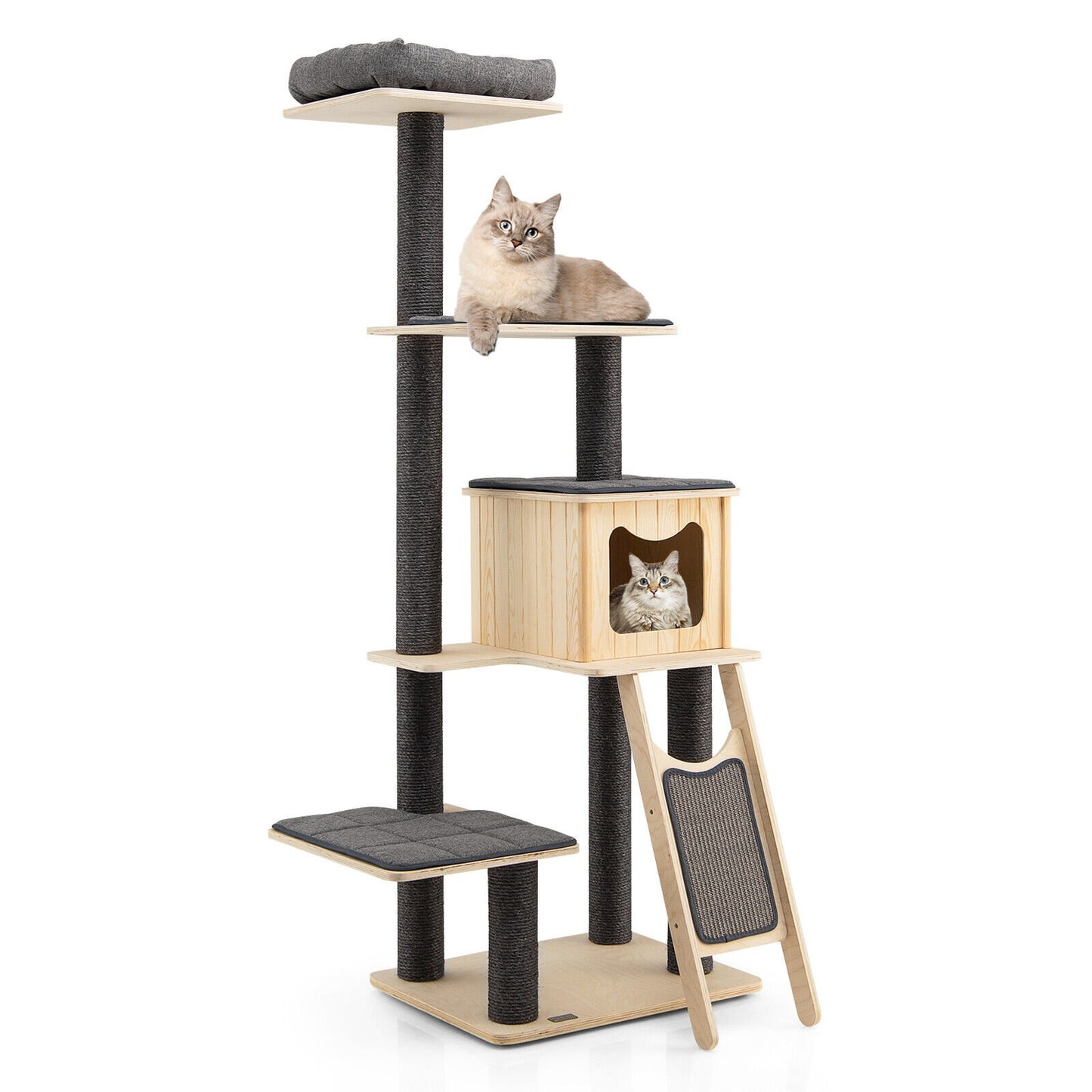 5-Tier Modern Wood Cat Tower with Washable Cushions, Gray Cat Trees Condos & Scratchers   at Gallery Canada