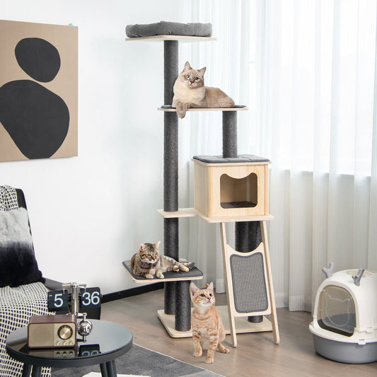 5-Tier Modern Wood Cat Tower with Washable Cushions, Gray Cat Trees Condos & Scratchers   at Gallery Canada