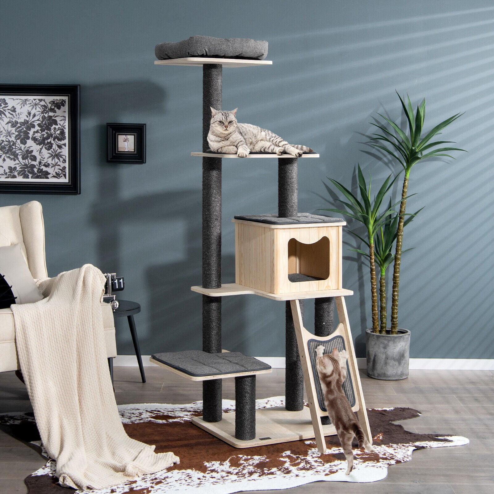 5-Tier Modern Wood Cat Tower with Washable Cushions, Gray Cat Trees Condos & Scratchers   at Gallery Canada