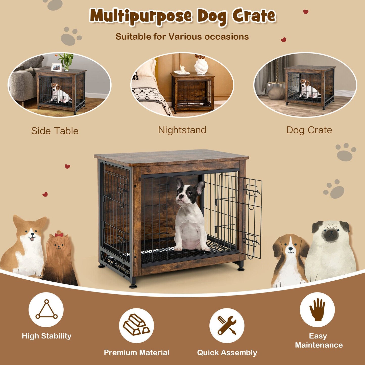 Wooden Dog Crate Furniture with Tray and Double Door, Brown - Gallery Canada