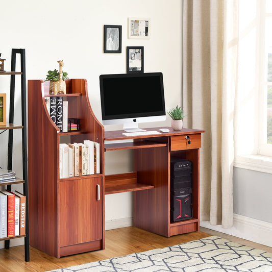 Wooden Computer Desk with Storage Cabinet and Drawer, Brown - Gallery Canada